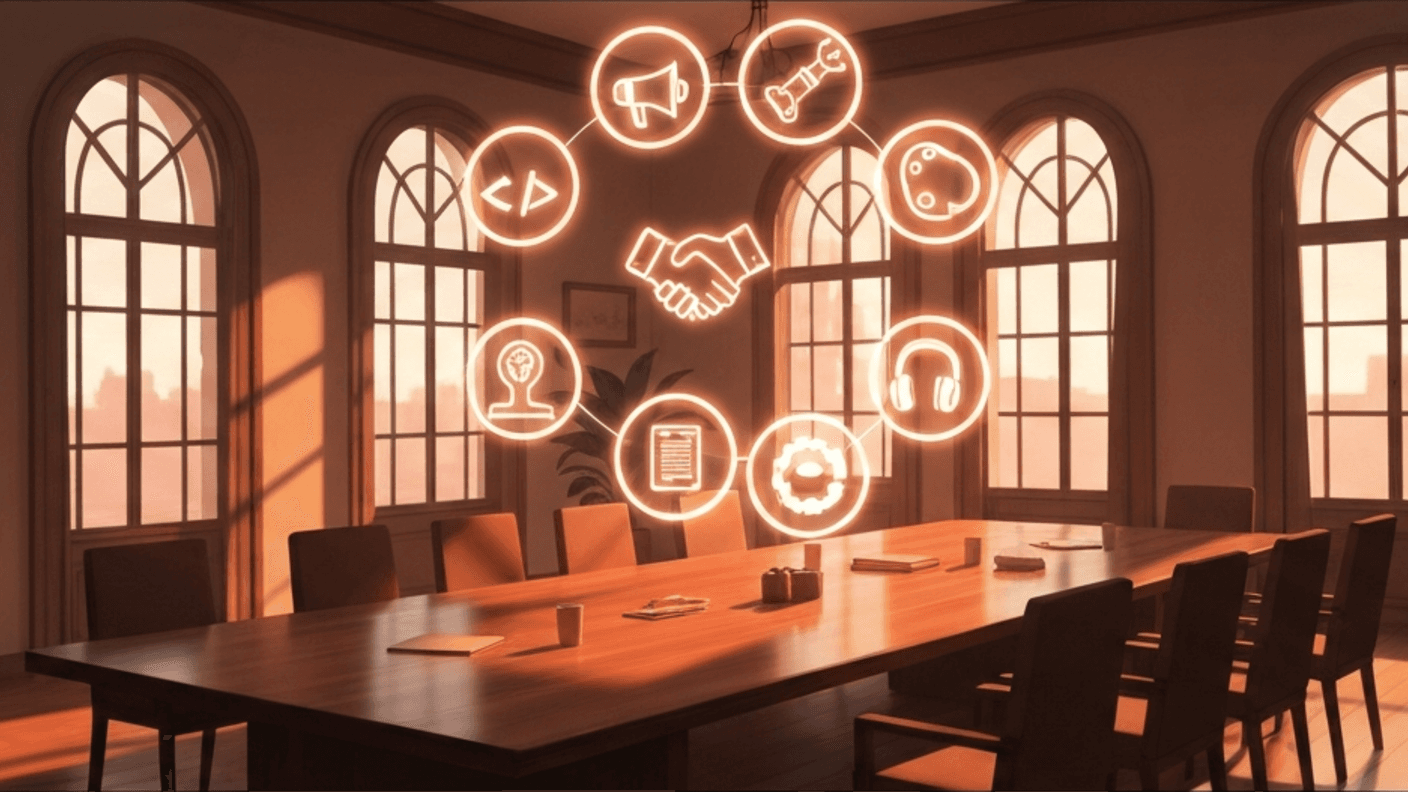 Agentic AI multi-agent deployment — warm digital illustration of a boardroom with department icons in circle formation
