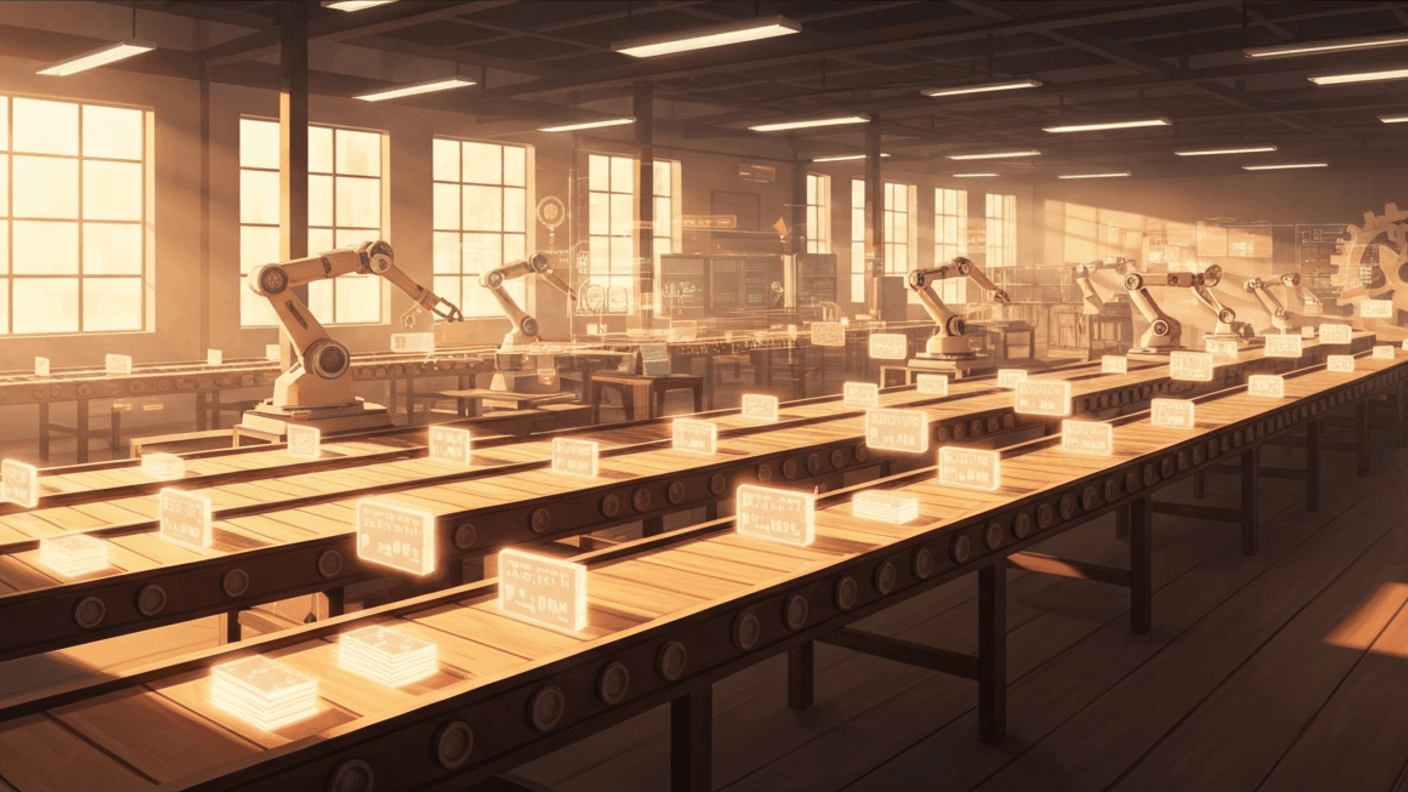 AI workflow automation — warm digital illustration of a factory-office hybrid with data pipeline flow