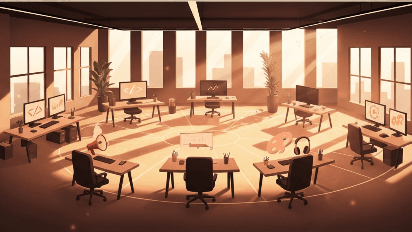 AI for business deployment — warm digital illustration of modern office with six department workstations connected