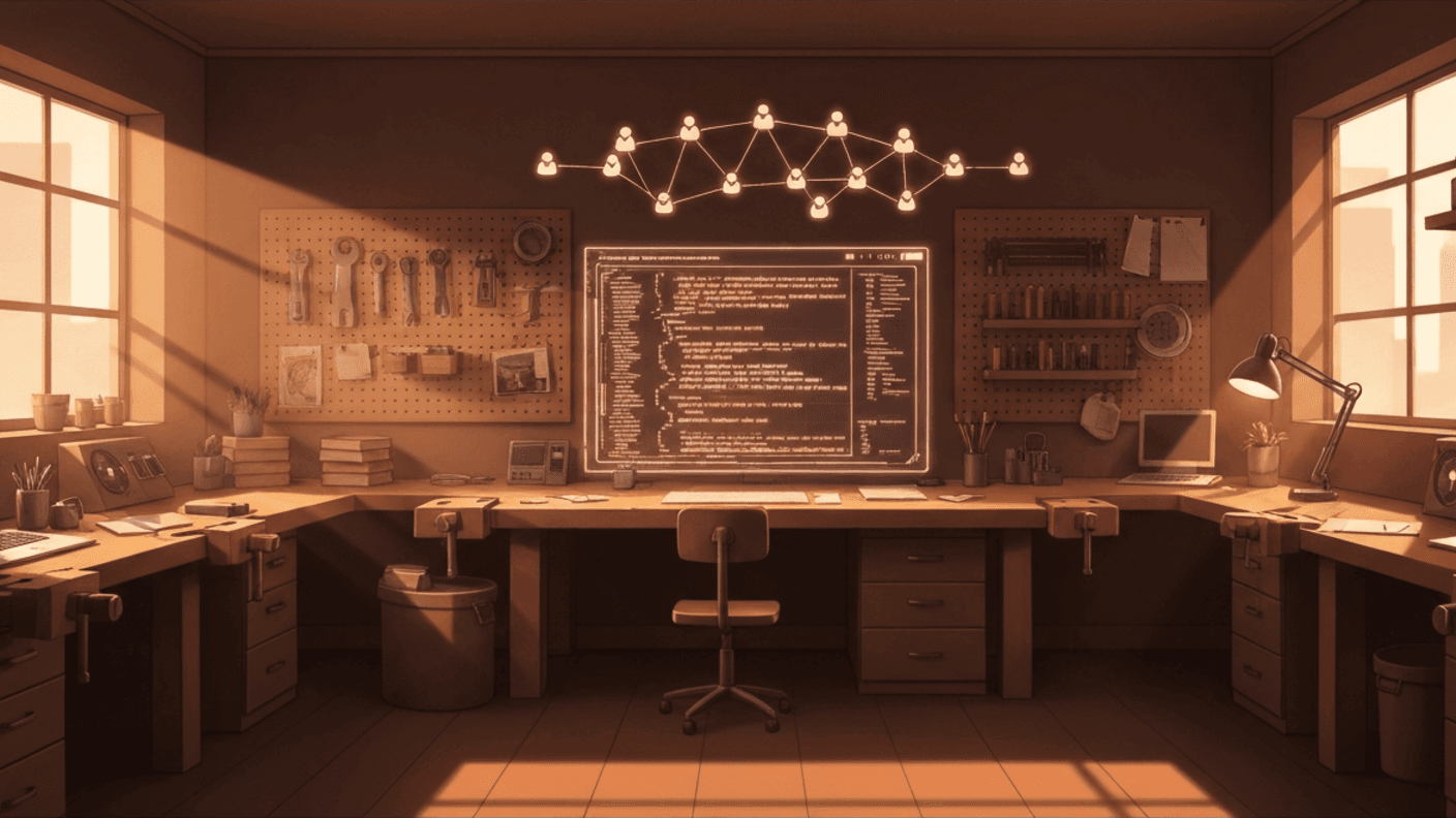 Claude Code setup with 267 specialized AI agents — warm digital illustration of a developer workshop with glowing code terminal