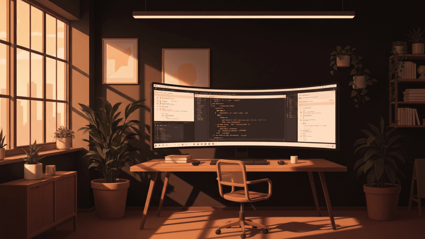 Cursor AI IDE configuration — warm digital illustration of a creative studio with code editor and configuration panels