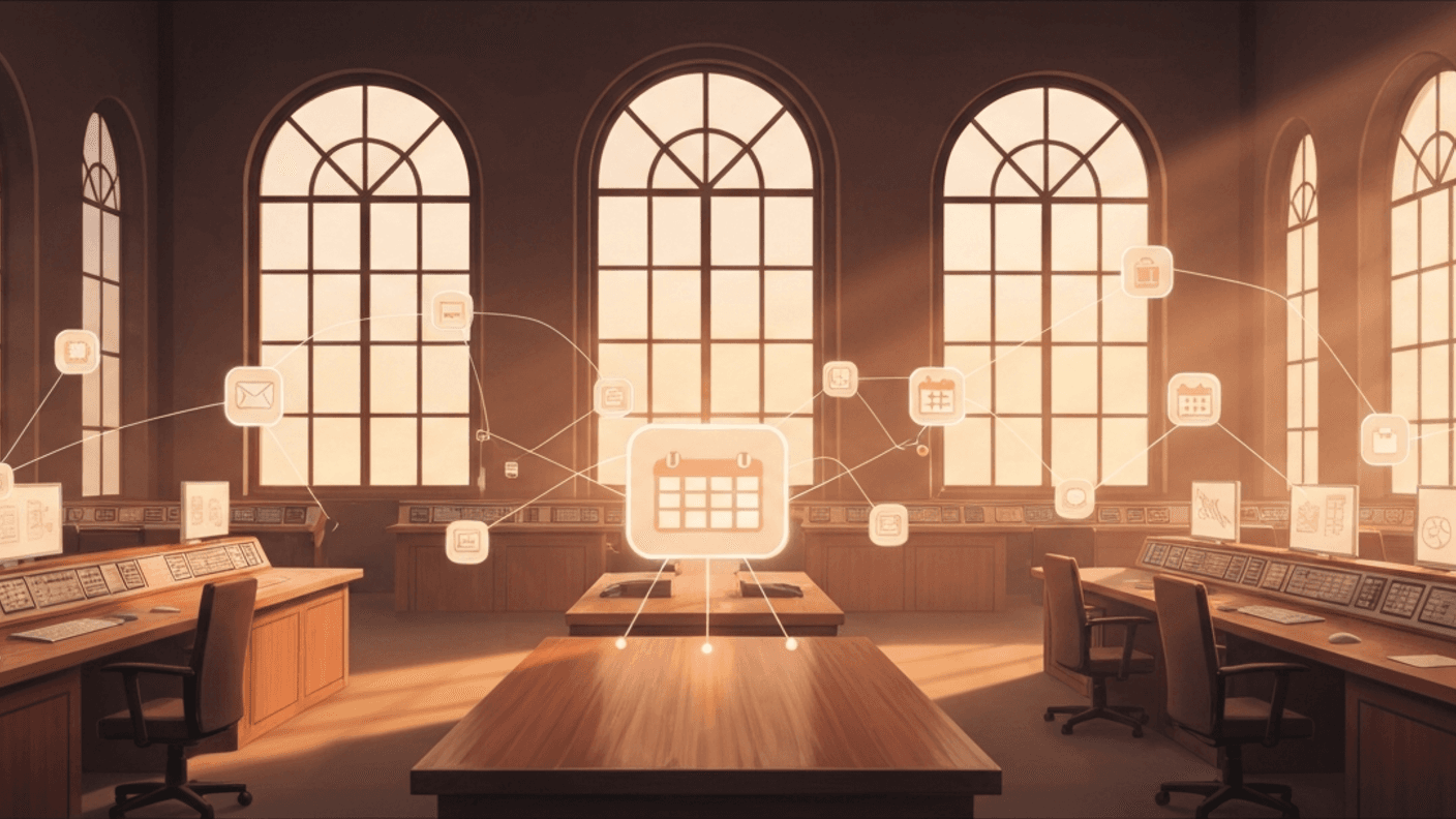 MCP server configuration — warm digital illustration of a network operations center with connected app icons