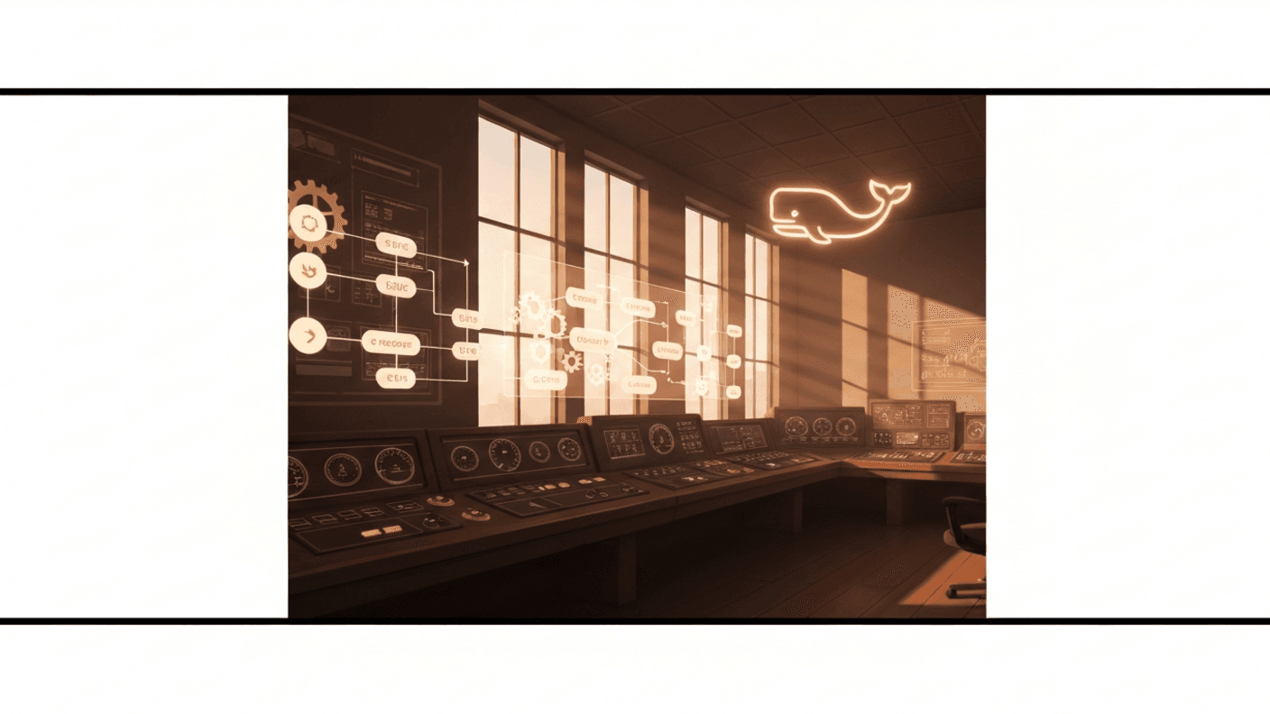 n8n self-hosted workflow automation — warm digital illustration of an automation control room with workflow diagrams