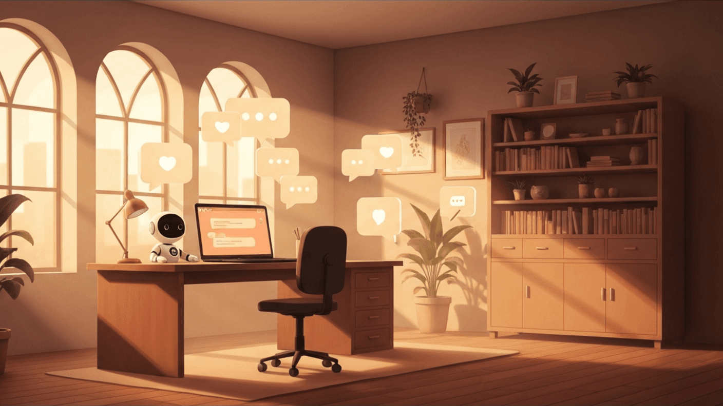 OpenClaw AI assistant setup — warm digital illustration of a home office with robot assistant and messaging interfaces