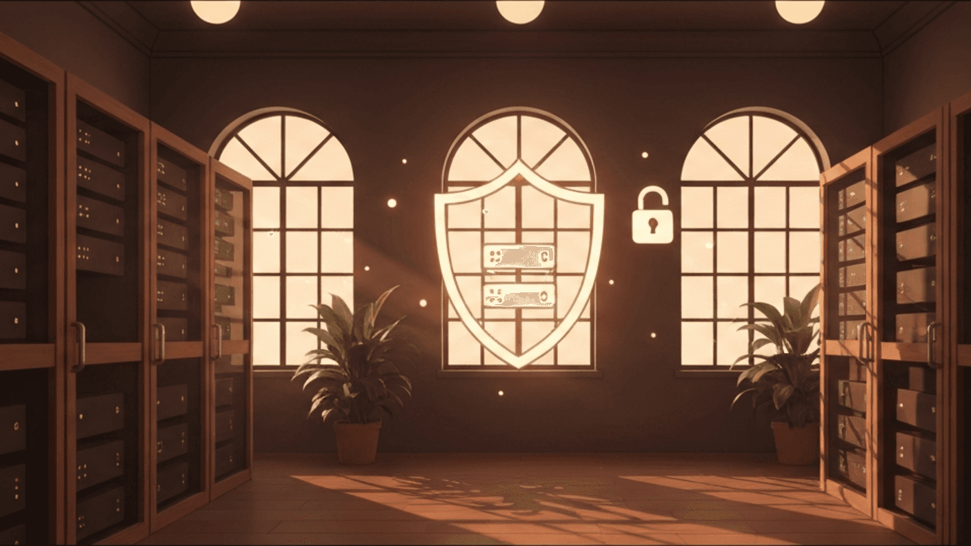 Self-hosted private AI deployment — warm digital illustration of a private server room with shield and lock icons