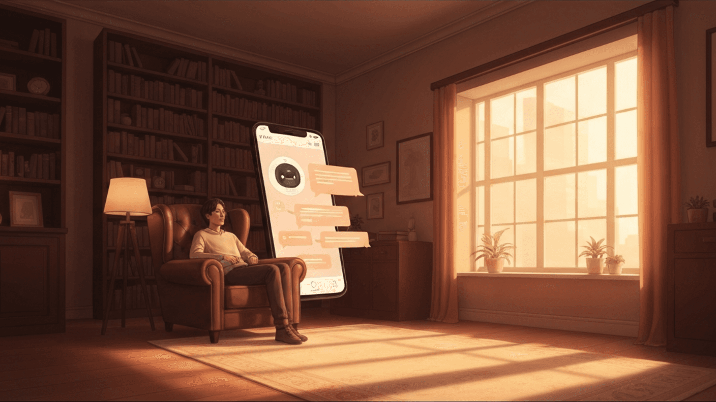 AI Telegram bot — warm digital illustration of a living room with smartphone showing chat interface