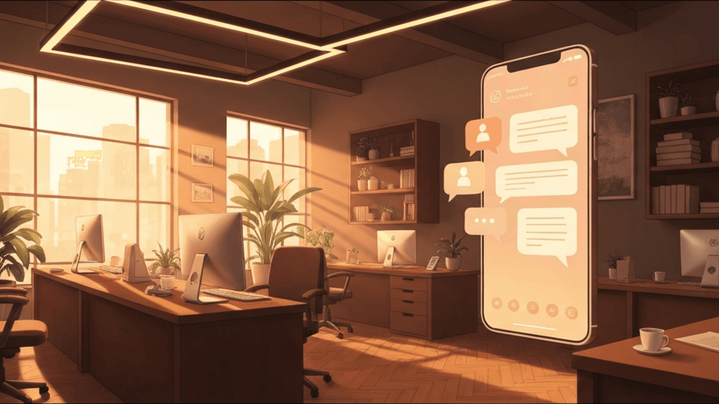 WhatsApp AI bot — warm digital illustration of a customer service center with messaging interface